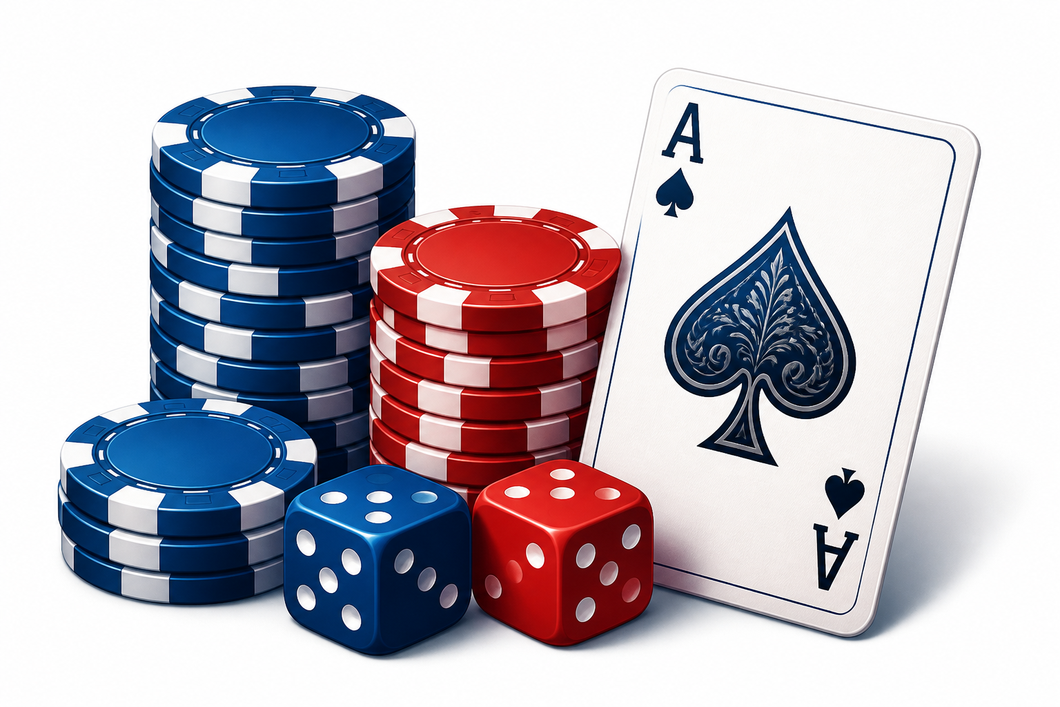 Still-life of chips, dice and a playing card illustrating game variety