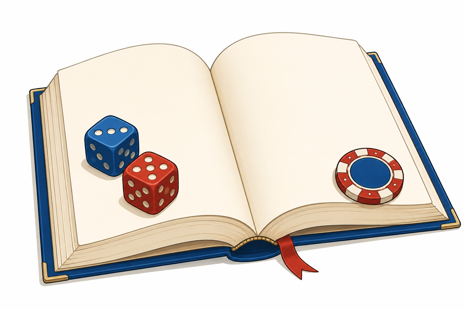Open reference book with dice and a casino chip