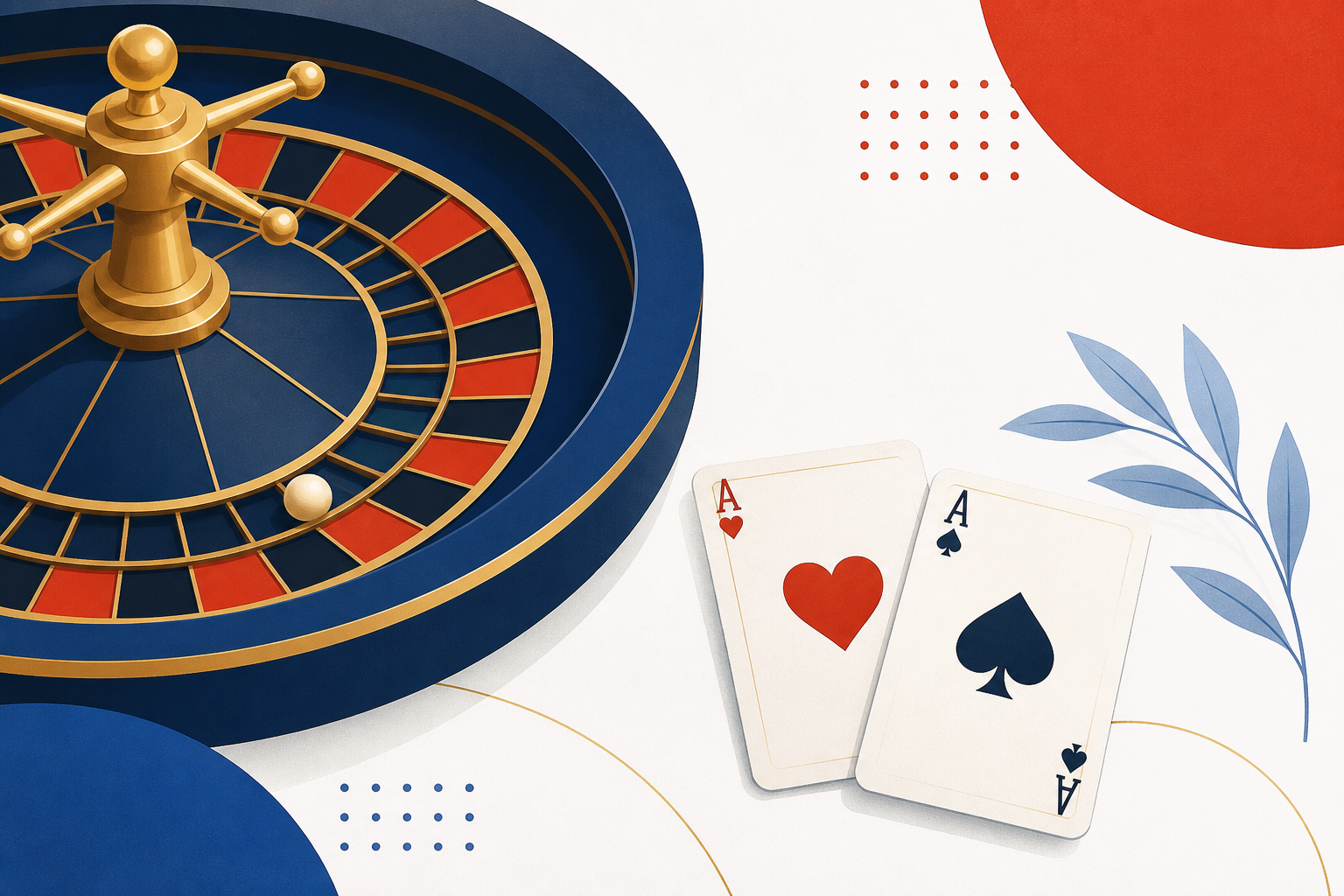 Stylised roulette wheel and cards on a desk