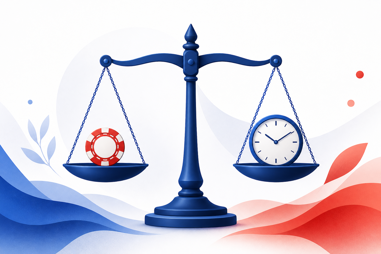 Balance scale with chip and clock suggesting controlled play